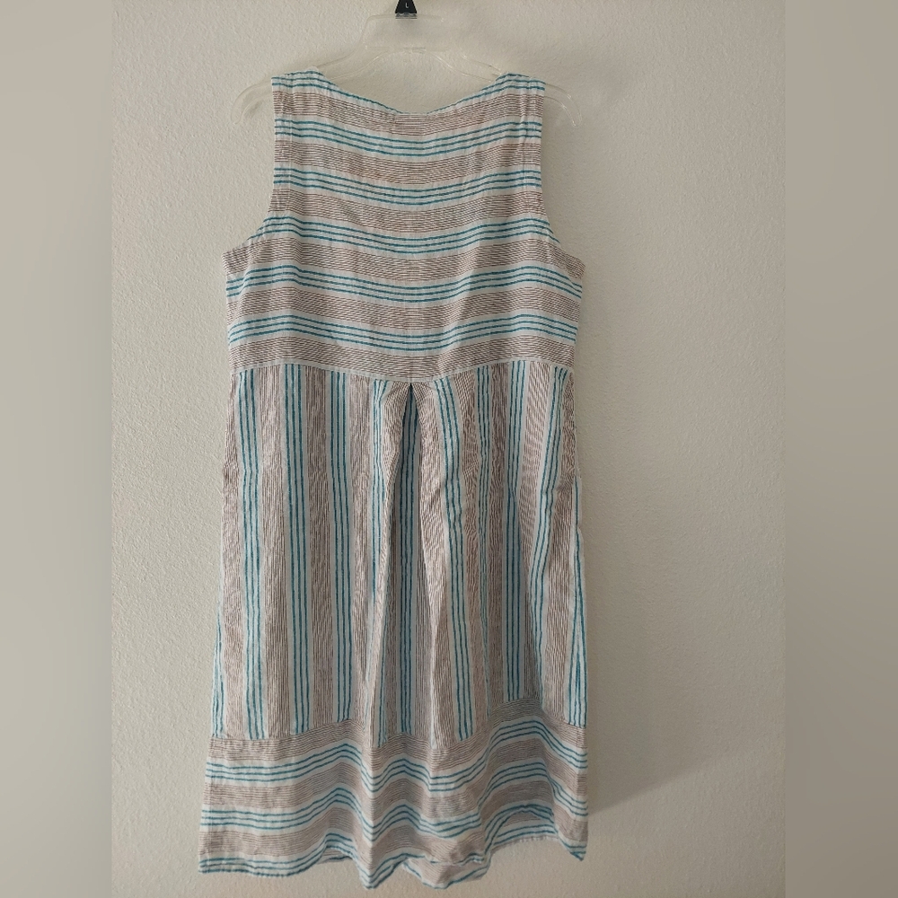 100% Linen Scoopneck Dress Medium Blue/Brown Stripes On White - Picture 2 of 6
